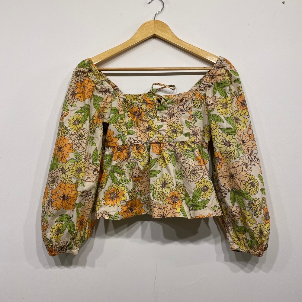 J.Crew Women Yellow Floral Puff Sleeve Peplum Blouse Square Neck Cotton Top 2
